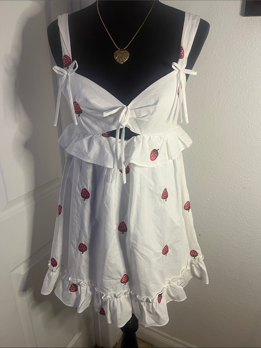 beYOUteous White Mini Dress with Red Strawberry Print